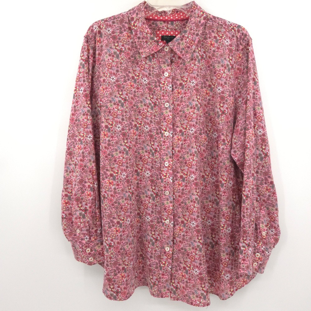 Talbots Button Down Shirt Women 2X Pink Floral Long Sleeve Cotton Blouse